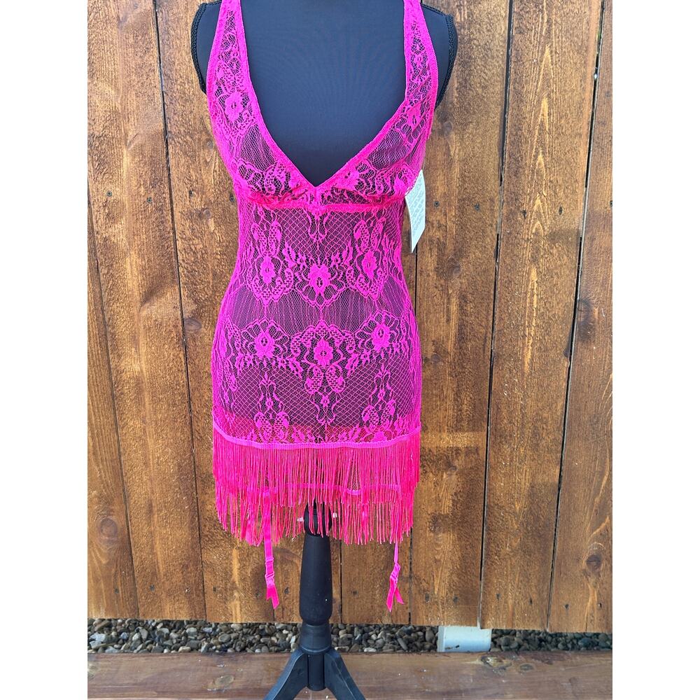 NWT Dreamgirl Hot Pink Lace Garter Dress Fringe Chemise Lingerie Medium